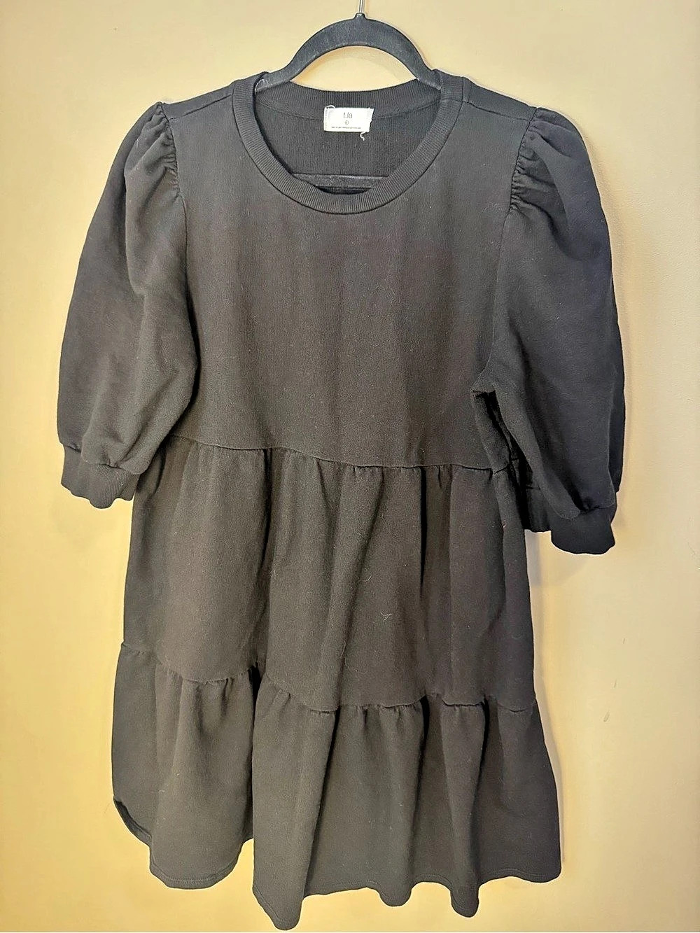 ANTHROPOLOGIE T.LA Black Tiered Puff Sleeve Sweatshirt Dress LARGE L